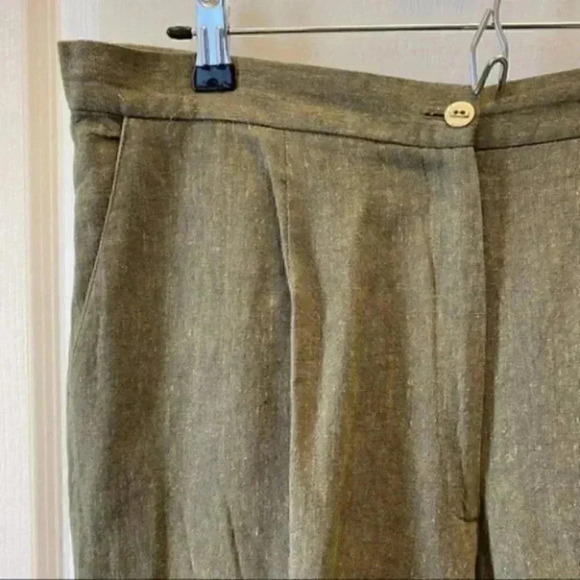 Vintage Linen Trousers High Rise Relaxed Fit Pleated Pants Olive Green Size 14 - Picture 7 of 15